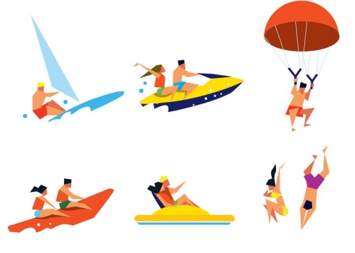 6款扁平化风格冲浪快艇跳伞跳水等海岛旅游项目图片免抠矢量素材