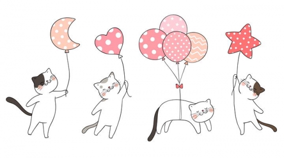 四种手绘风格拿着气球的卡通猫咪图片免抠素材