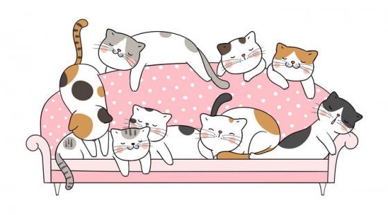 一群手绘可爱卡通猫咪躺在沙发上图片免抠素材
