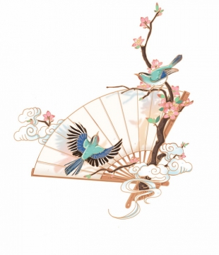 中国风国画折扇和梅花枝头上的喜鹊小鸟309475png图片素材