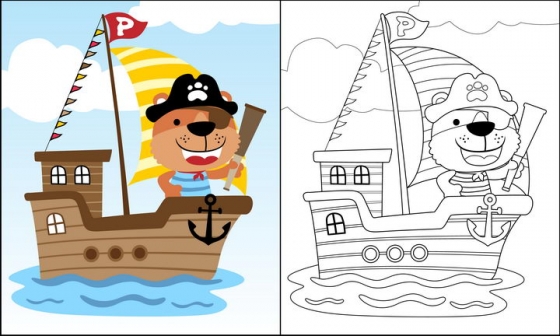 海盗船身上的卡通小熊简笔画图片免抠素材