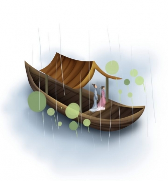 中国风彩色水墨画风格站立在木船船头的古装情侣风景图片免抠素材