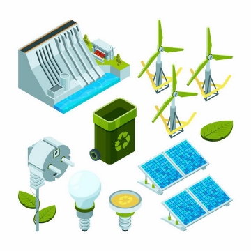 水力发电站风力发电站太阳能发电站绿色垃圾桶等节能环保png图片免抠矢量素材