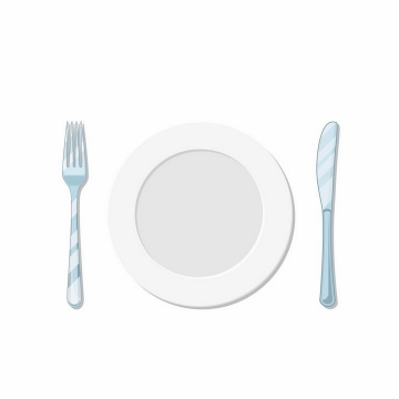 俯视视角的空白盘子瓷器和淡蓝色的刀叉西餐用具png图片免抠矢量素材