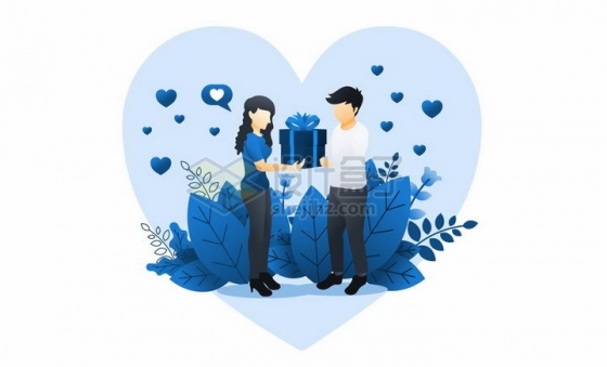 蓝色扁平插画风格情人节送礼物给女朋友png图片免抠矢量素材