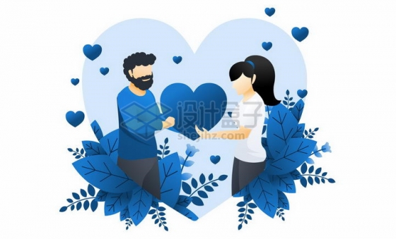 蓝色扁平插画风格情人节送一颗红心给女朋友png图片免抠矢量素材