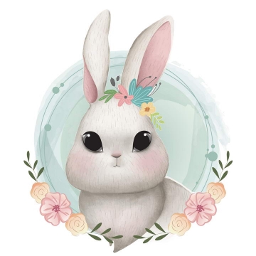 可爱彩色手绘插画风格花环装饰的卡通小兔子图片免抠素材