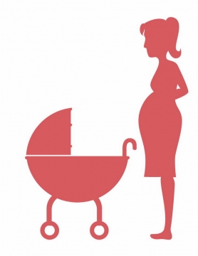 玫红色怀孕的年轻妈妈和婴儿车剪影png图片免抠素材