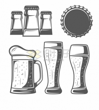 啤酒杯啤酒瓶盖手绘插画png图片素材