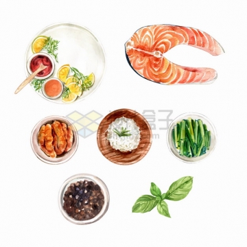 三文鱼肉生姜胡椒葱段等美味美食水彩插画png图片素材