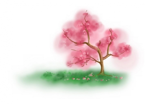 水墨画风格青草地上的桃花树png图片免抠素材