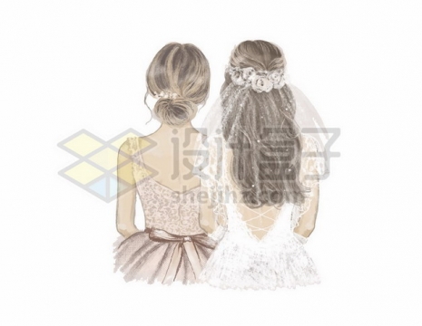 穿着婚纱的两个女孩子闺蜜好朋友伴娘新娘背影805657矢量图片免抠素材