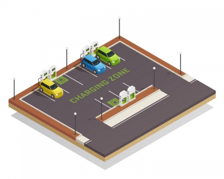 2.5D风格绿色新能源充电汽车停车场图片免抠素材