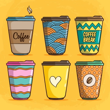 6款不同图案的卡通咖啡杯图片免抠矢量素材