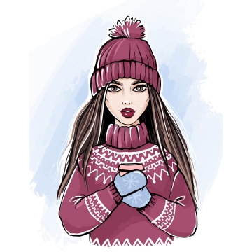 冬天里手绘漫画戴着毛线帽子穿着毛线衣手拿咖啡杯的女孩图片免抠矢量素材
