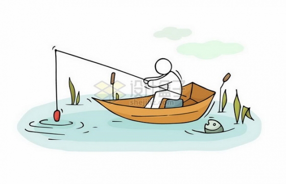 卡通小白人坐在船上钓鱼png图片免抠矢量素材