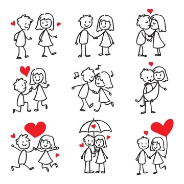 9款手绘卡通小人在一起的情侣简笔画儿童画图片免抠矢量素材