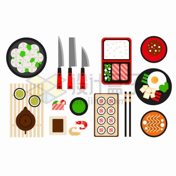 各种摆放整齐的寿司美食以及刀具俯视图png图片免抠矢量素材