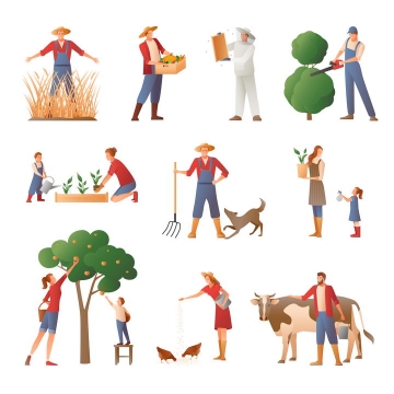 扁平插画风格农场农夫农民的各种工作图片免抠素材