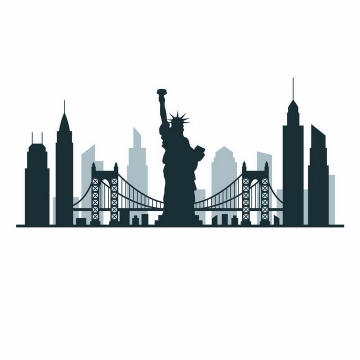 自由女神像帝国大厦等纽约知名建筑城市天际线剪影png图片免抠矢量素材
