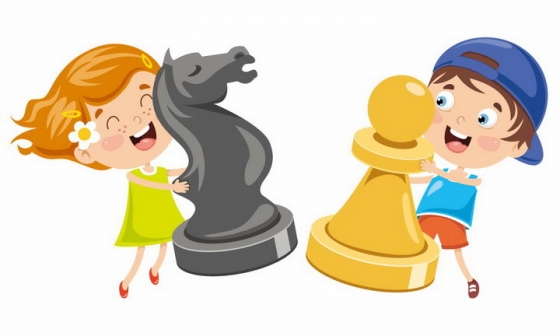 卡通男孩女孩拿着大大的国际象棋棋子png图片免抠矢量素材