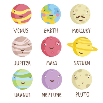 卡通表情风格可爱的太阳系八大行星天文科普图片免抠素材