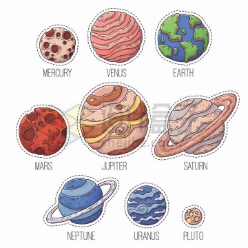水星金星地球火星木星土星天王星海王星冥王星太阳系九大行星卡通手绘插画png图片免抠矢量素材