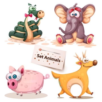卡通青蛇大象小猪和小鹿小动物png图片免抠素材