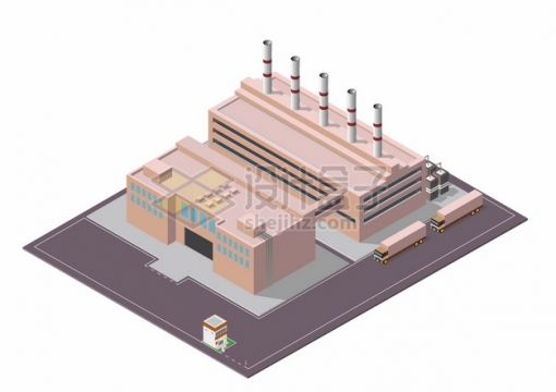 2.5D风格工厂巨大的厂房仓库和运输卡车png图片素材