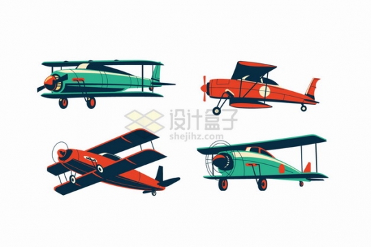 4款双翼机复古飞机彩绘插画png图片素材