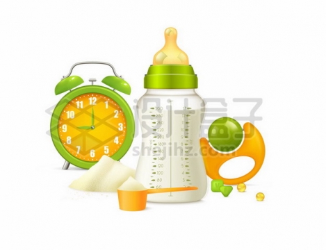 闹钟和绿色橙色宝宝婴儿奶瓶玻璃奶瓶育儿用品155697eps矢量图片素材