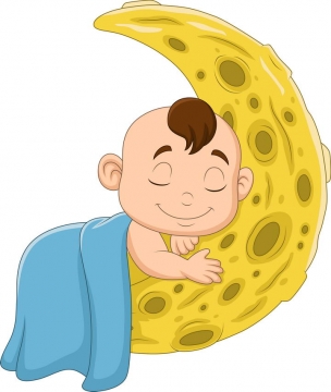 卡通可爱趴在弯弯的月亮上睡觉的小宝宝幼儿简笔画图片免抠素材