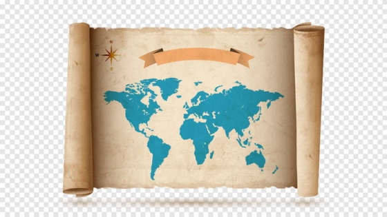 展开的印有世界地图的复古卷轴图片免抠矢量素材