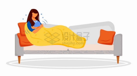感冒生病的女孩裹着被子躺在沙发上瑟瑟发抖扁平插画png图片素材