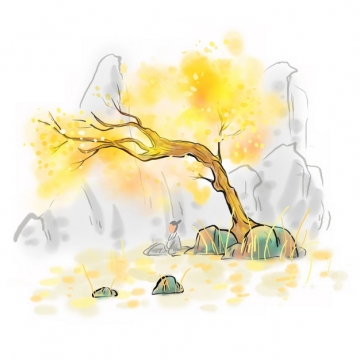 秋天在枯黄的大树下打坐的古人彩色水墨画插画652938png图片素材