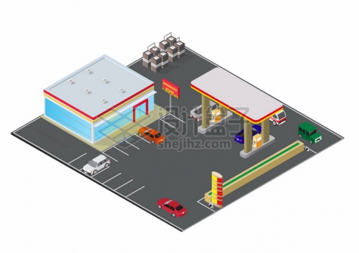 2.5D风格汽车加油站建筑和停车场png图片素材
