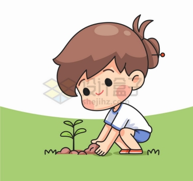 超可爱卡通小女孩蹲在地上种树植树节png图片免抠矢量素材