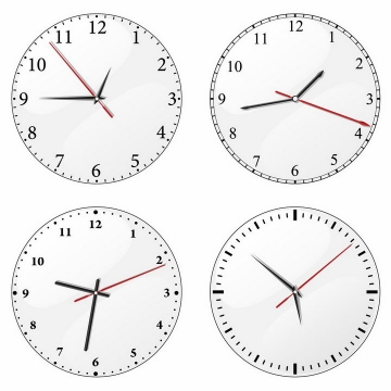 4款带时针分针秒针的圆形白色时钟表盘png图片免抠矢量素材