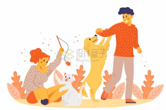 逗猫遛狗和狗狗猫咪玩耍扁平插画png图片素材