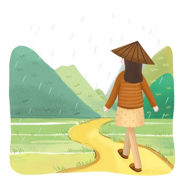 传统彩色手绘谷雨节气戴着斗笠的女孩行走在乡间小道上图片免抠素材