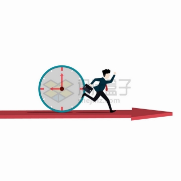 卡通商务人士在红色箭头上奔跑后面有时钟png图片免抠矢量素材