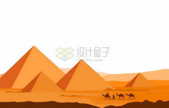 黄色沙漠中的埃及金字塔和骆驼队剪影png图片免抠矢量素材