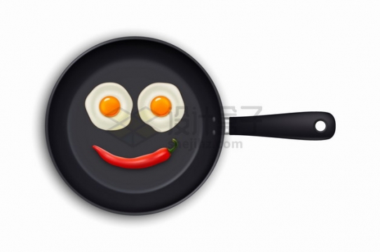 平底锅里的两个煎蛋和辣椒组成了笑脸美味早餐png图片素材