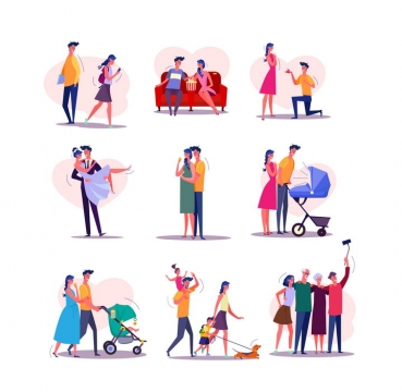 9款扁平插画风格情侣和一家人图片免抠矢量素材