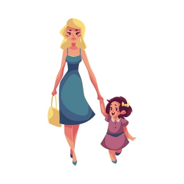 插画风格年轻的妈妈牵着女儿的手母女温情图片免抠矢量图素材