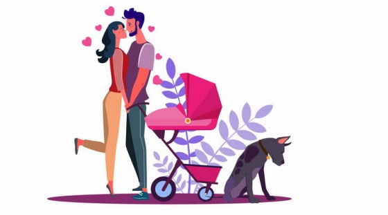 扁平插画推着婴儿车的年轻夫妻情侣热吻和狗狗一起遛狗散步png图片免抠矢量素材