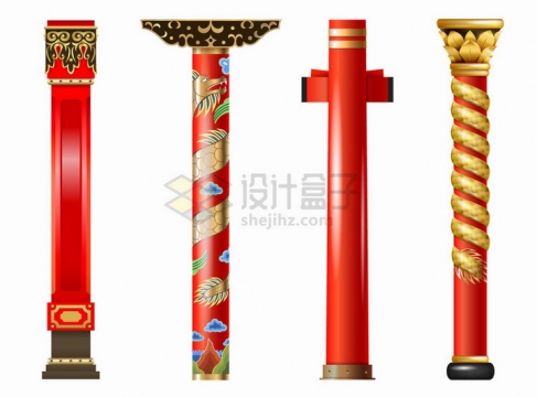 4款华丽的中国传统建筑支撑柱子png图片免抠矢量素材