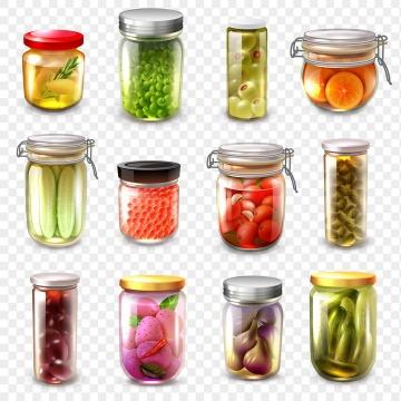 12款各种装在玻璃罐中的腌制蔬菜美食图片免抠素材