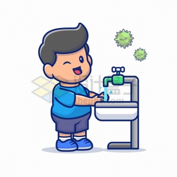 卡通男孩在水龙头前洗手预防新型冠状病毒png图片素材
