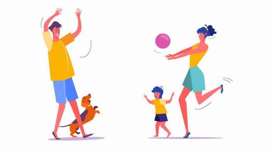 扁平插画年轻爸爸和妈妈以及孩子一起玩球png图片免抠矢量素材